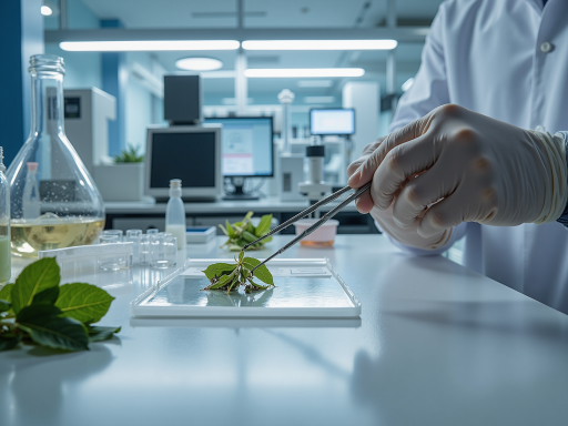 农业研究机构中科研人员观察植物标本，绿色植物叶片配显微镜设备