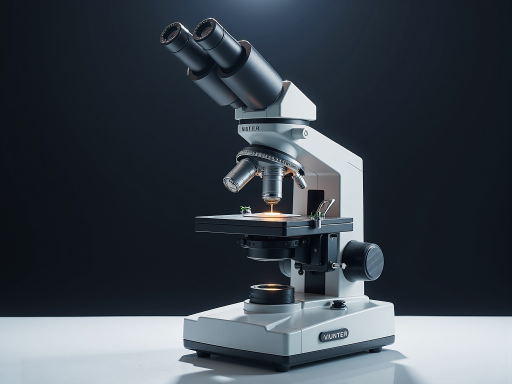 台式生物显微镜正面特写，金属机身配多个物镜镜头，黑色底座，专业实验室环境