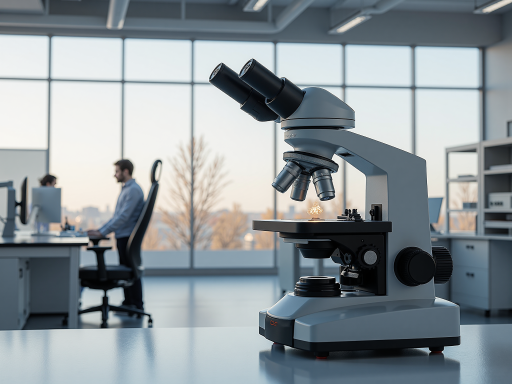 大学教室中学生围坐显微镜前学习，教师指导操作，现代化教学环境