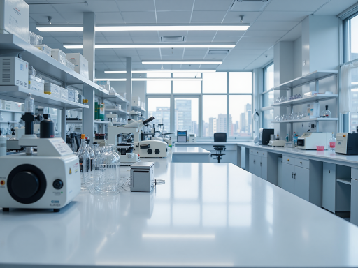 现代生物实验室内部，多个研究人员围绕显微镜工作，白色实验台配各种仪器设备