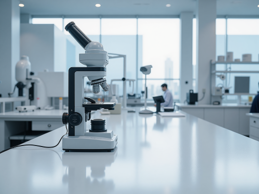 材料科学实验室中研究人员使用显微镜观察金属样品，专业设备配实验室环境