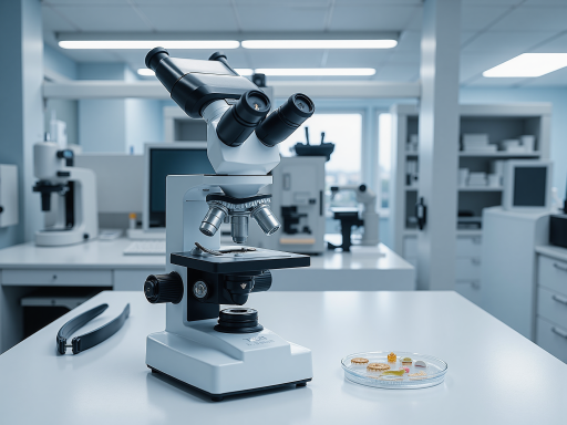 实验室中摆放的精密生物显微镜设备，白色金属机身配黑色镜头，周围有科研人员操作，明亮自然光照明