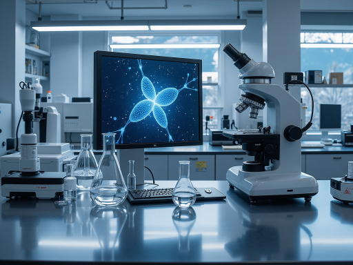 电脑屏幕上显示显微镜图像分析软件界面，左侧工具栏右侧图像预览，蓝色主题设计